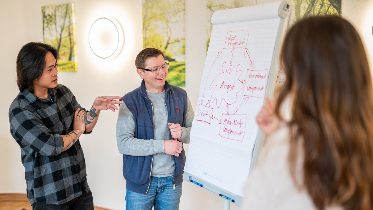 Drei Personen stehen vor einem Flipchart in einem Seminarraum. Auf dem Flipchart ist eine Skizze zu sehen, die das Thema